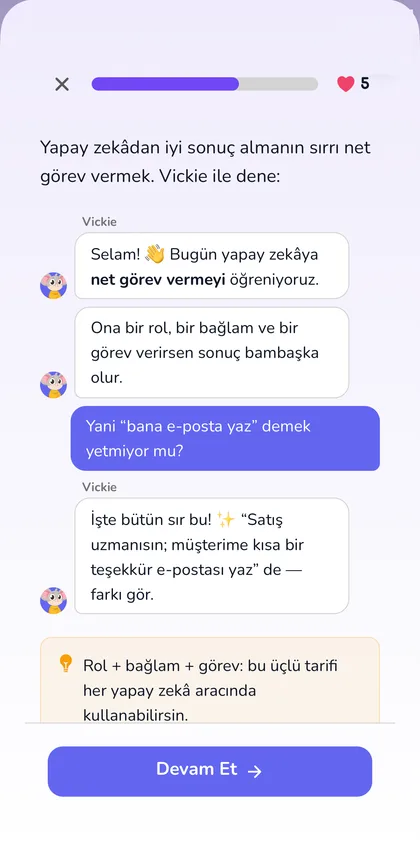 Vickie yapay zekâ dersi ekranı